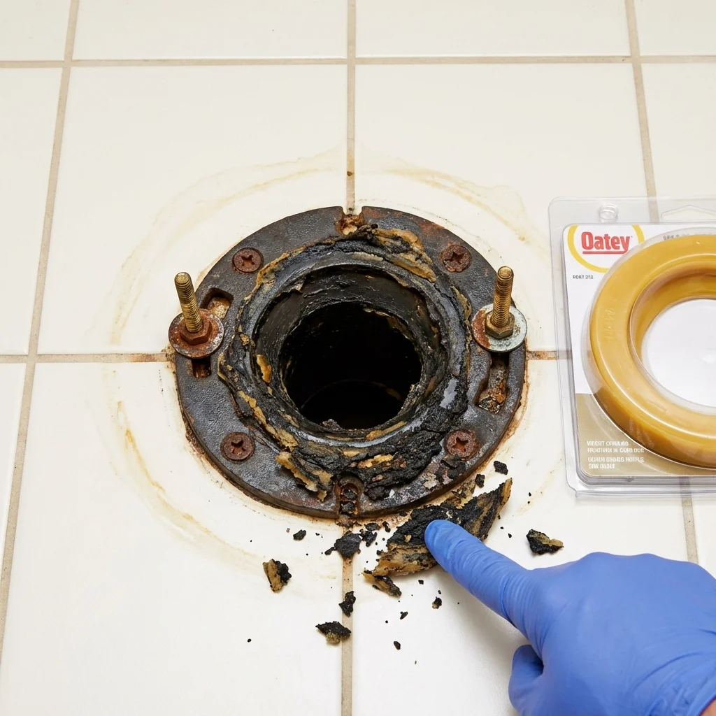 Failed wax ring showing water seepage at the base of a toilet in a Rochelle, IL home