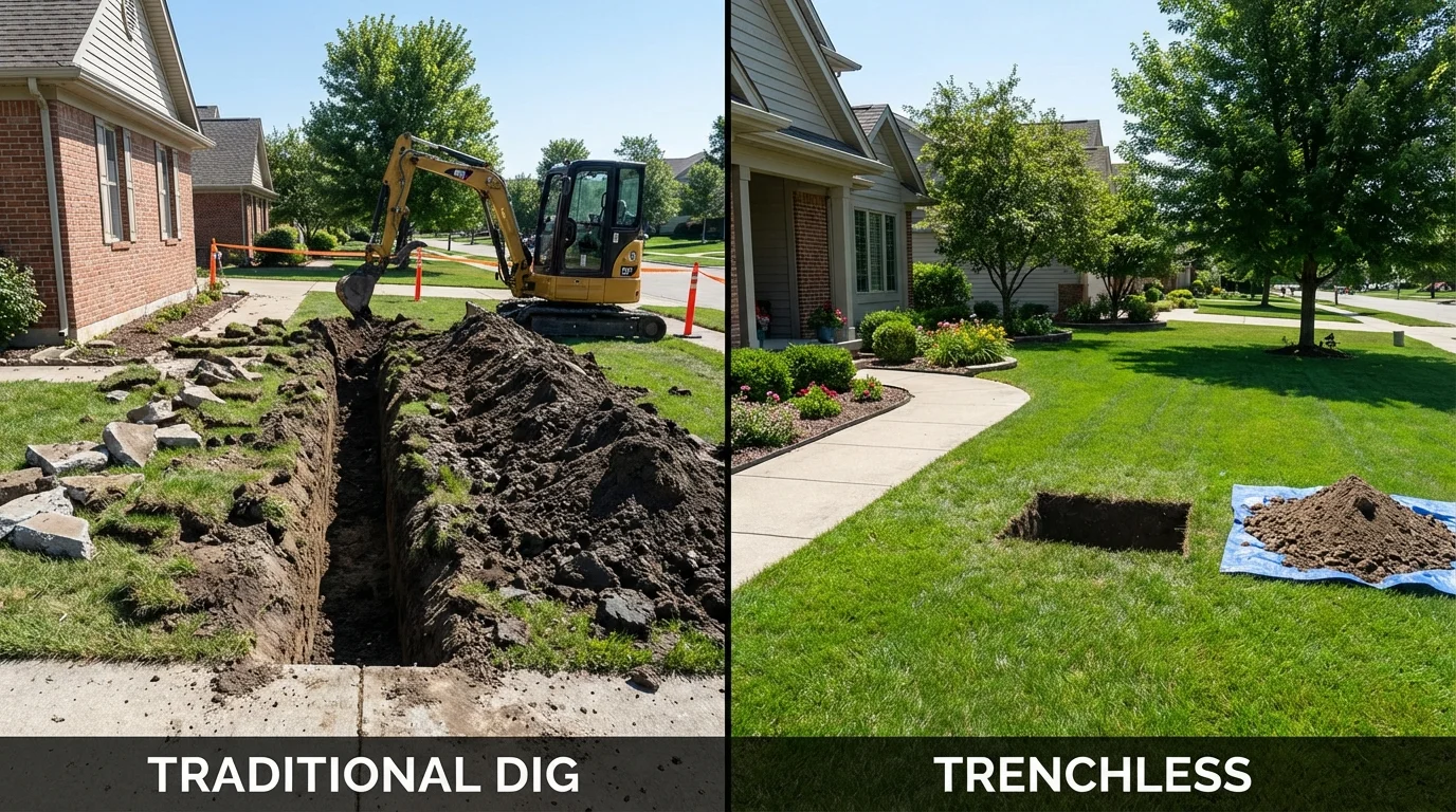 Trenchless sewer repair with minimal yard damage versus traditional excavation in Rochelle, IL