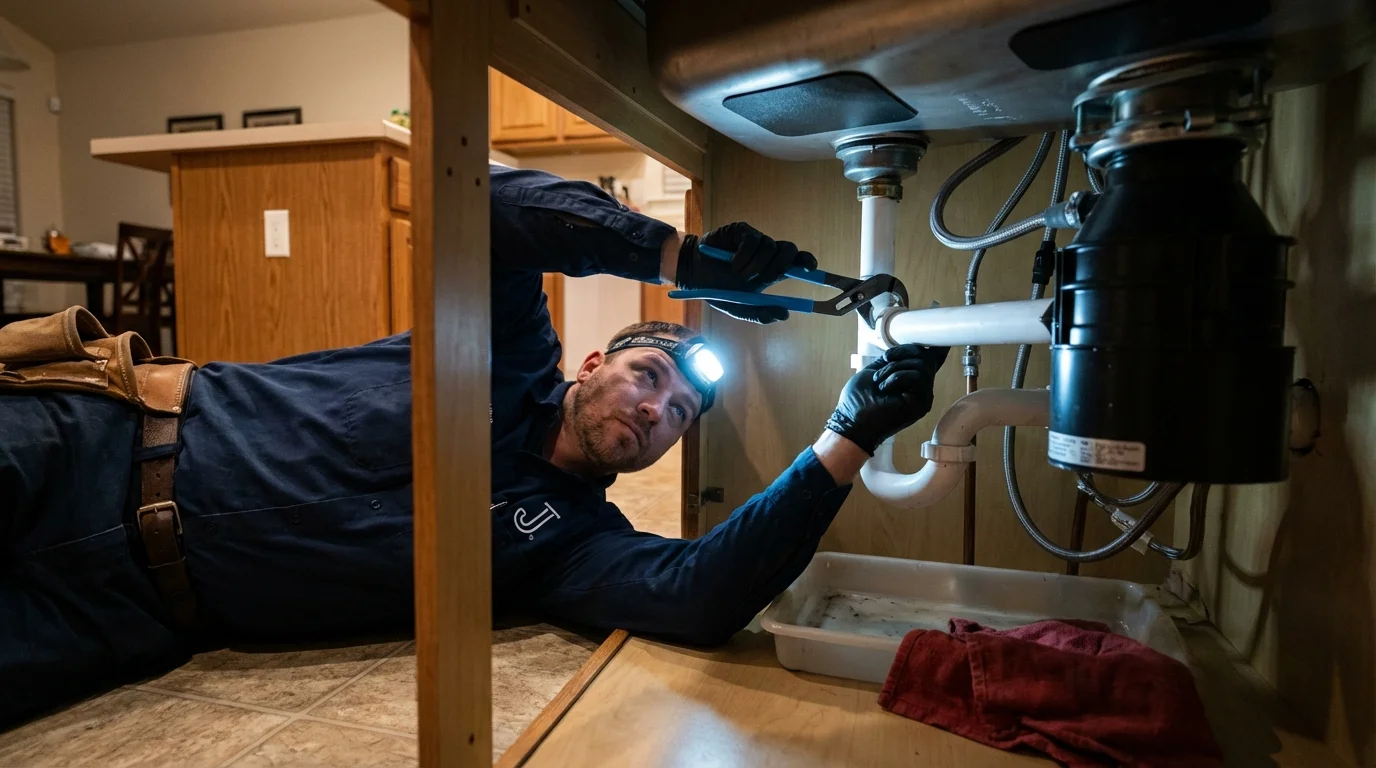 P-trap and supply line connections under a kitchen sink showing a common leak point in Rochelle, IL